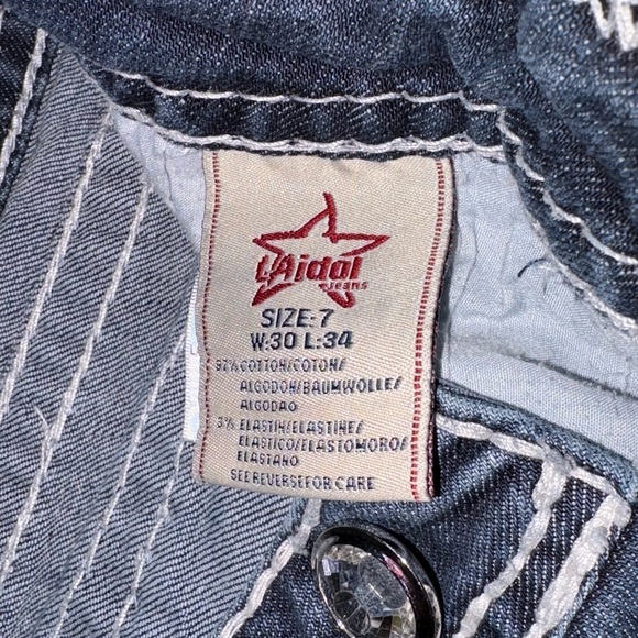 L.A. Idol Size 7/30 Dark Wash Embellished Y2K Low Rise Babydoll Bootcut Jeans - Picture 7 of 11